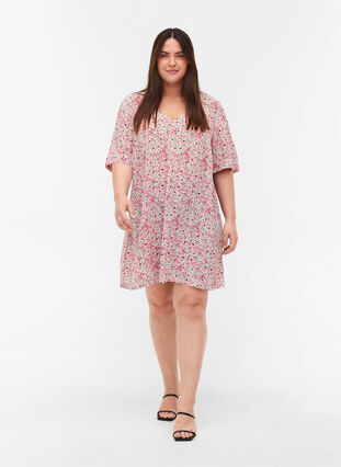 Viscose tunic with print and short sleeves, Pink Ditsy AOP, Model image number 2