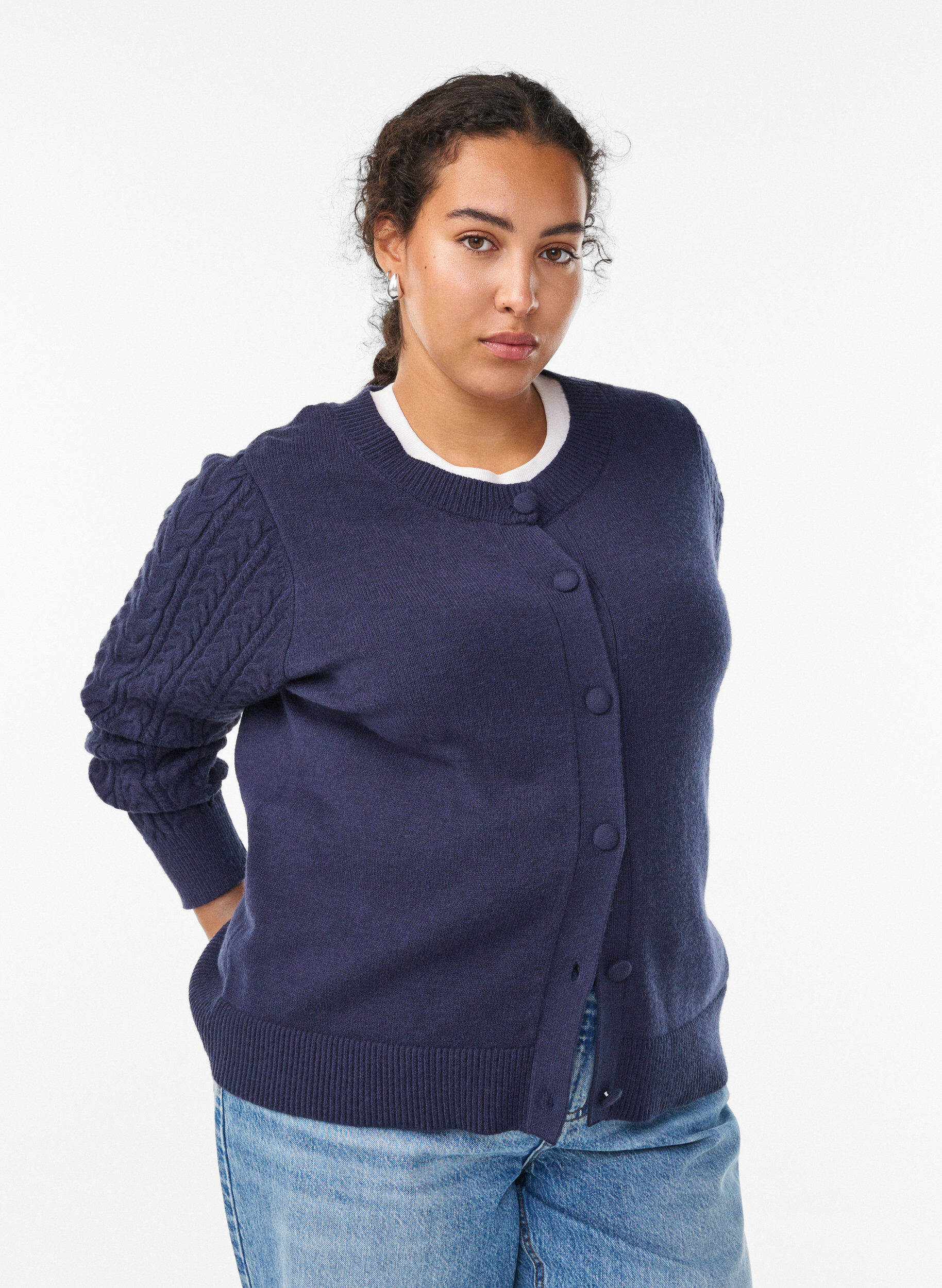 Cardigan with cable-knit sleeves, Blue, Model