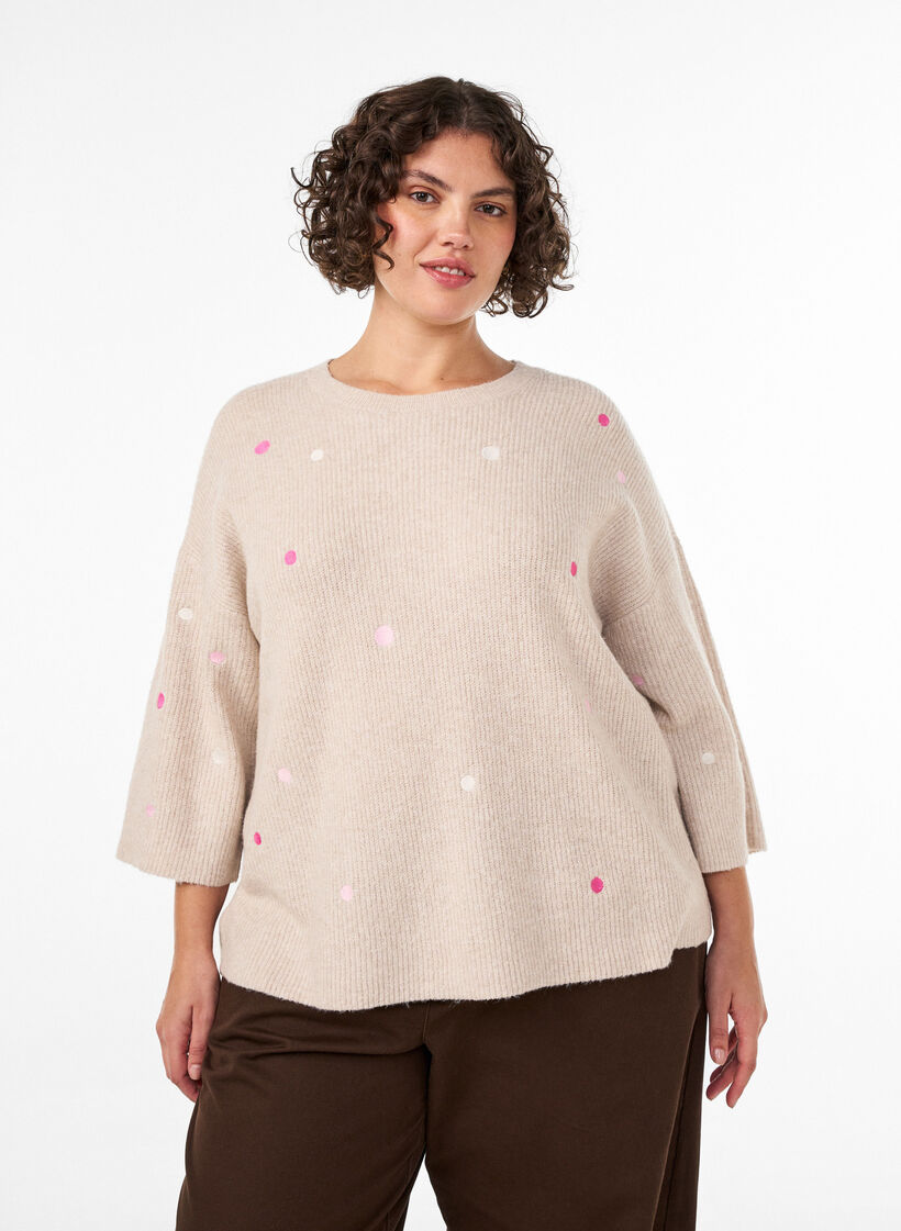 Knitted blouse with small embroidered motifs, Beige, Model image number 0