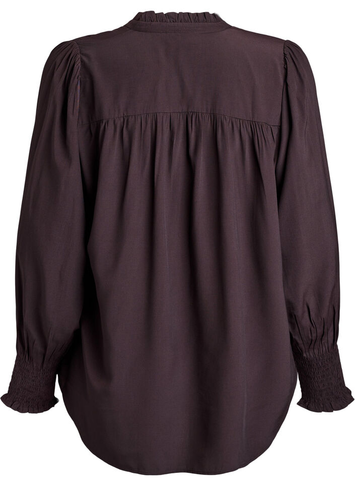 Blouse with ruffle collar and ruching, Brown, Packshot image number 1