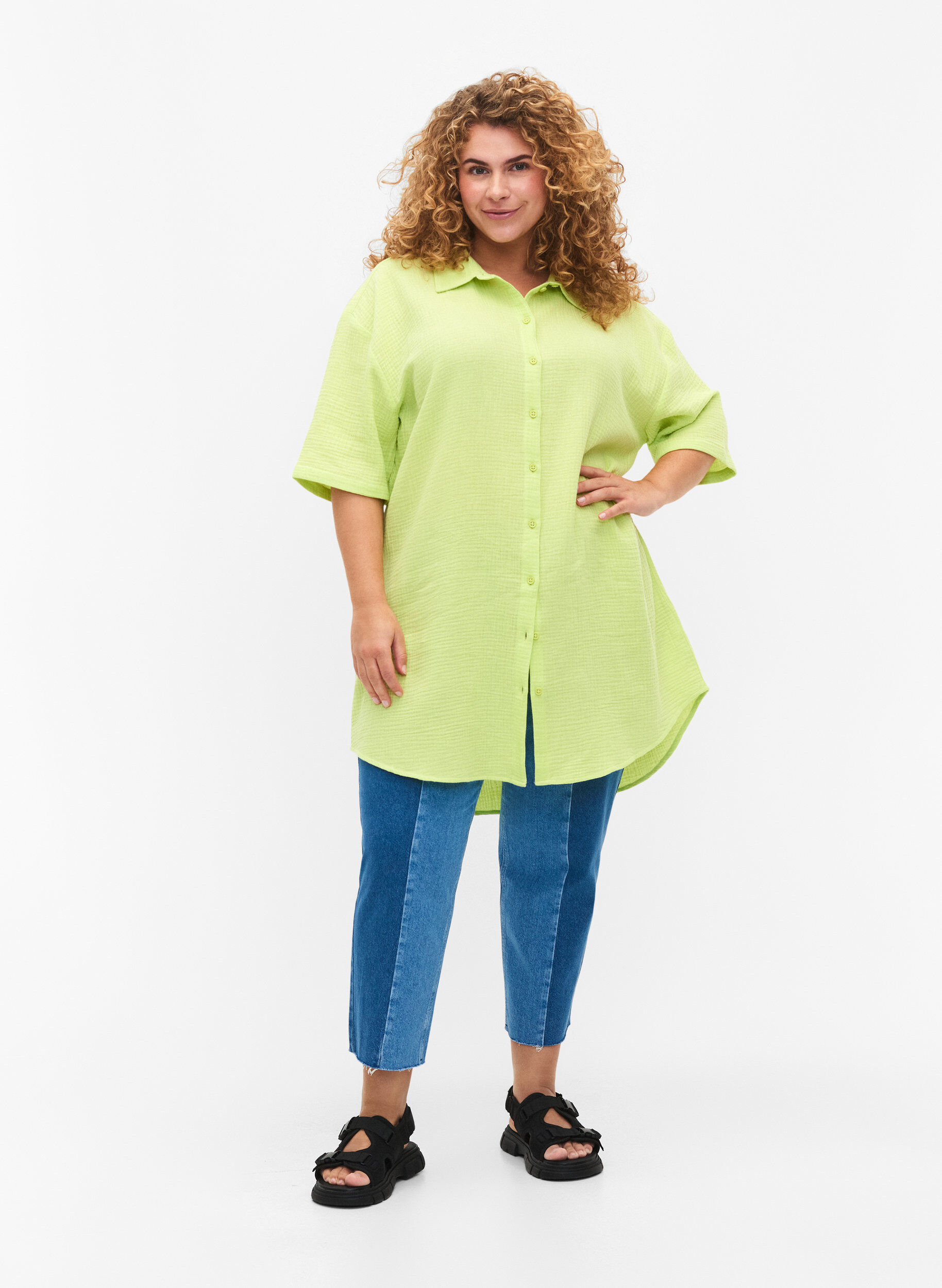 Zizzifashion Shirt in cotton with half-length sleeves, Wild Lime, Model image number 2