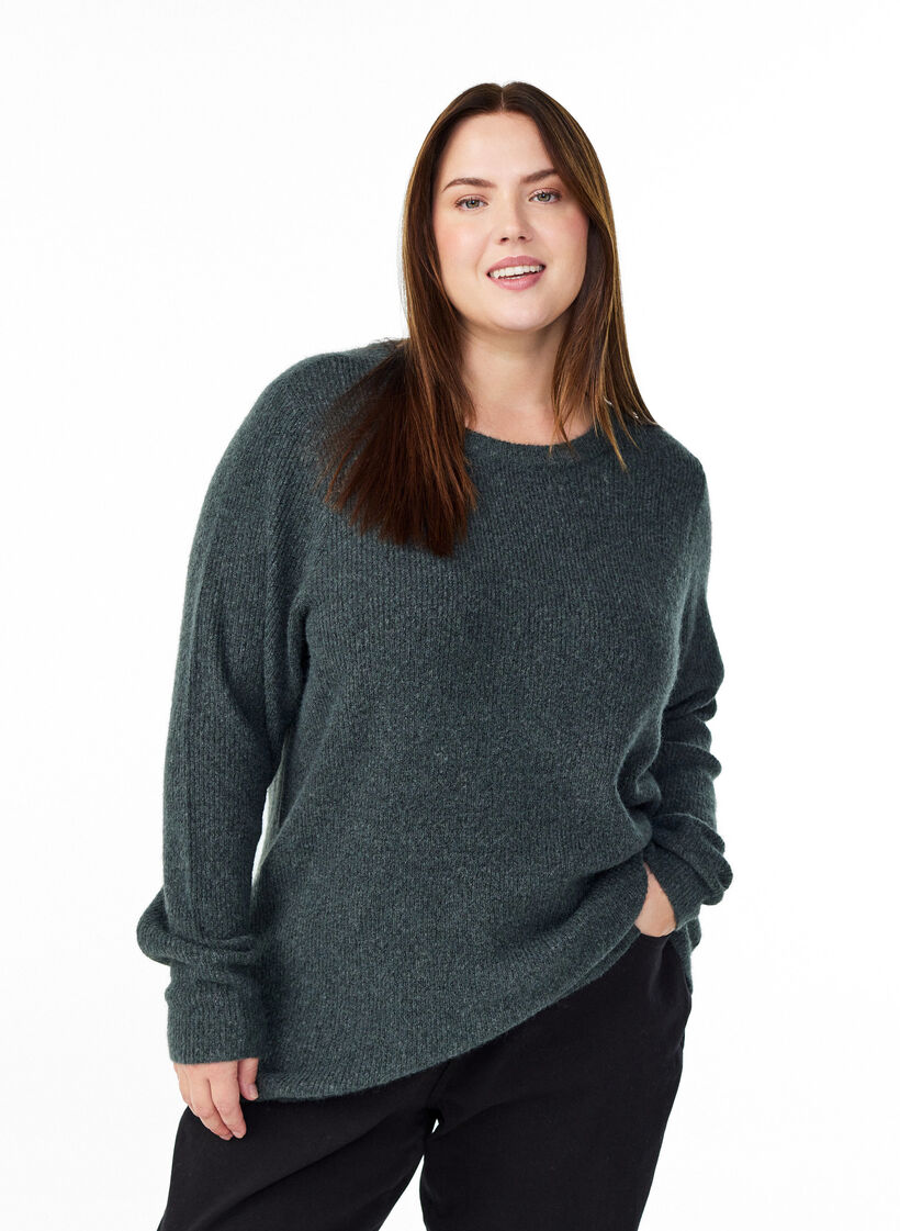 Melange knit blouse with round neck, Green, Model image number 0