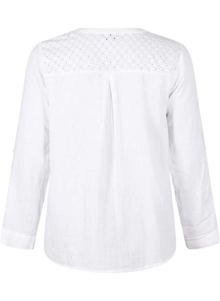 Cotton blouse with broderie anglaise and 3/4 sleeves, Bright White, Packshot image number 1