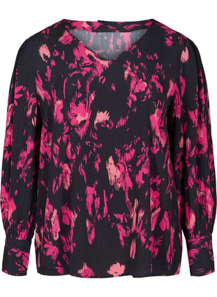 Long-sleeved, printed viscose blouse, Black Pink AOP, Packshot image number 0