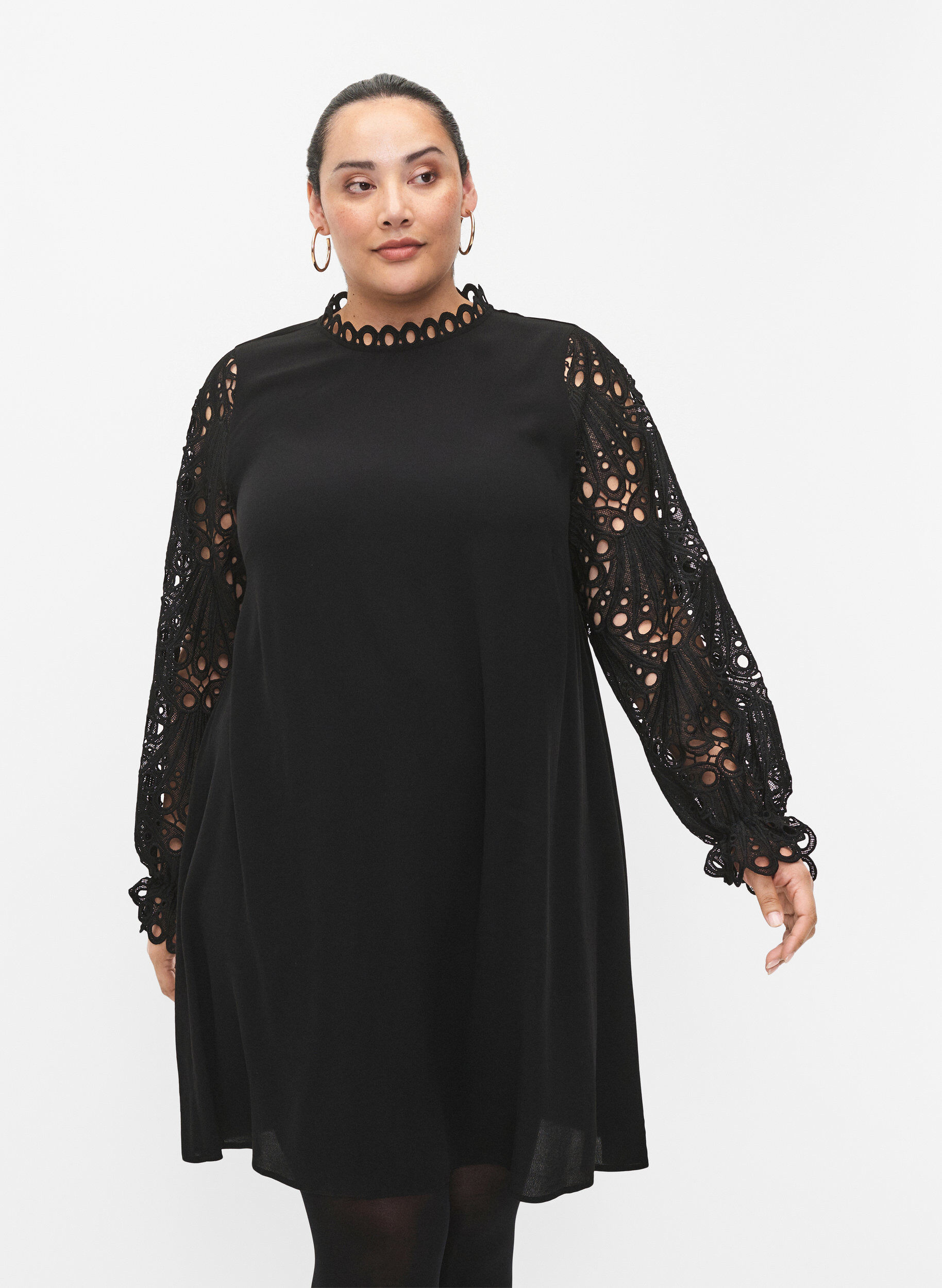 Zizzifashion Viscose dress with crochet sleeves, Black, Model image number 0
