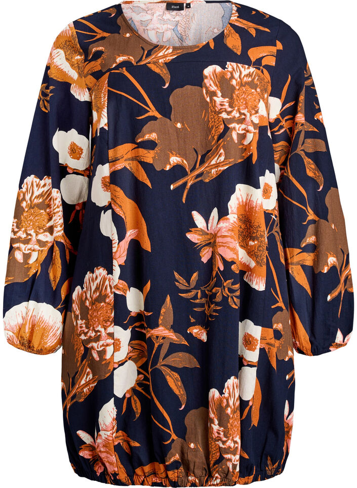 Short cotton dress with an elasticated hem and long sleeves, Black, Packshot image number 0