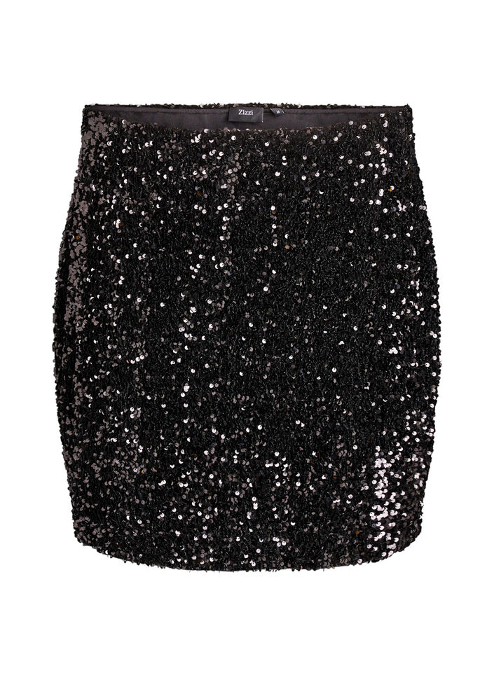 Short sequin skirt with an elasticated waistband, Black, Packshot image number 0