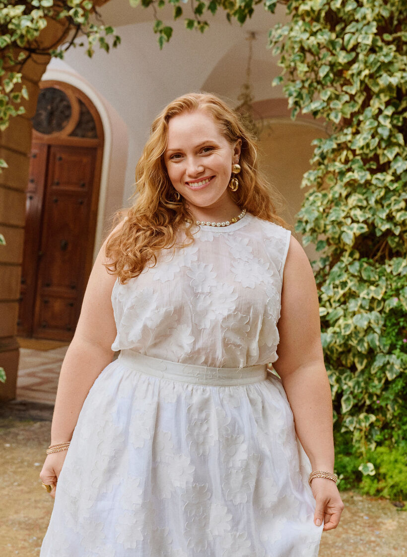 Sleeveless top in jacquard with a floral texture, Vanilla, Image image number 0