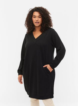 Sweatshirt dress with v-neckline, Black, Model image number 0