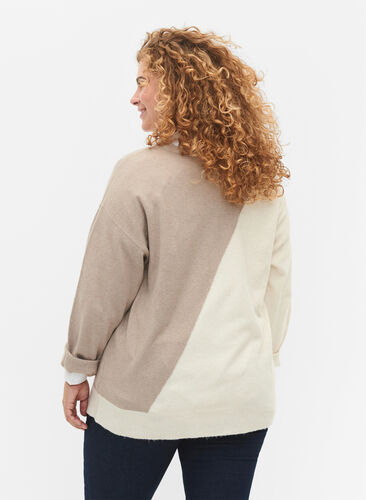 Knitted blouse with round neck and colorblock, Simply Taupe Comb, Model image number 1