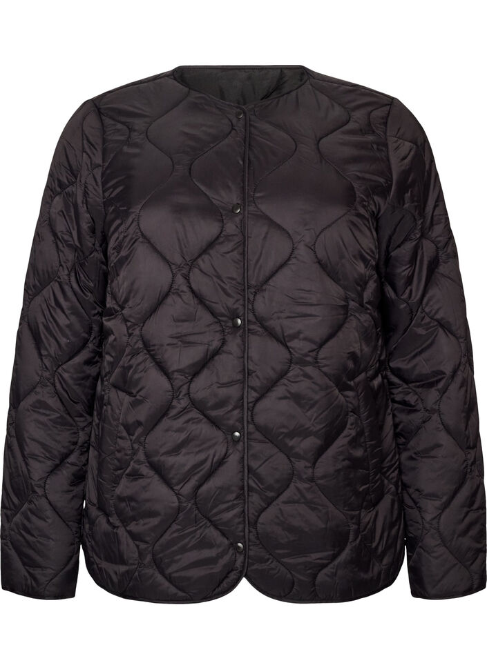 Quilted jacket with press studs and round neck, Black, Packshot image number 0