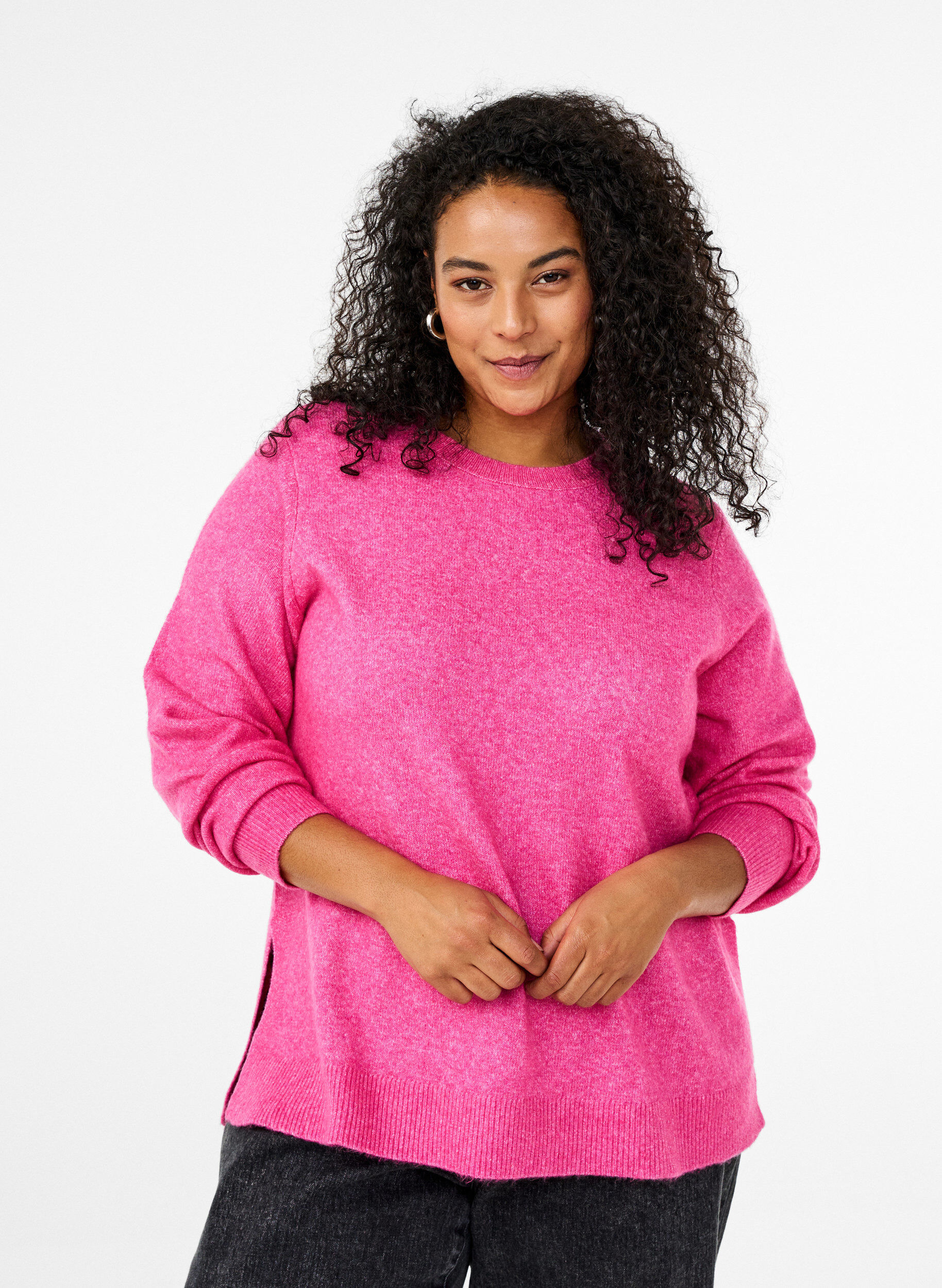 Zizzifashion Knitted top with wool and slits, Raspberry Rose Mel., Model image number 0