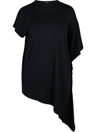 Short-sleeved viscose tunic with asymmetrical hem, Black, Packshot image number 0