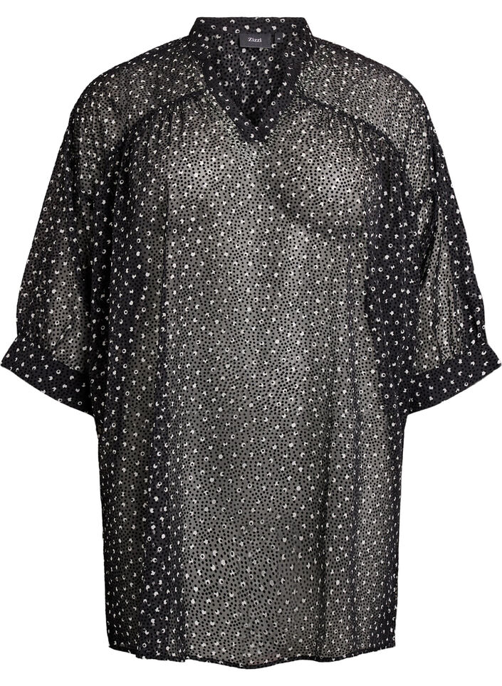 Chiffon tunic with velvet dot pattern, Black, Packshot image number 0