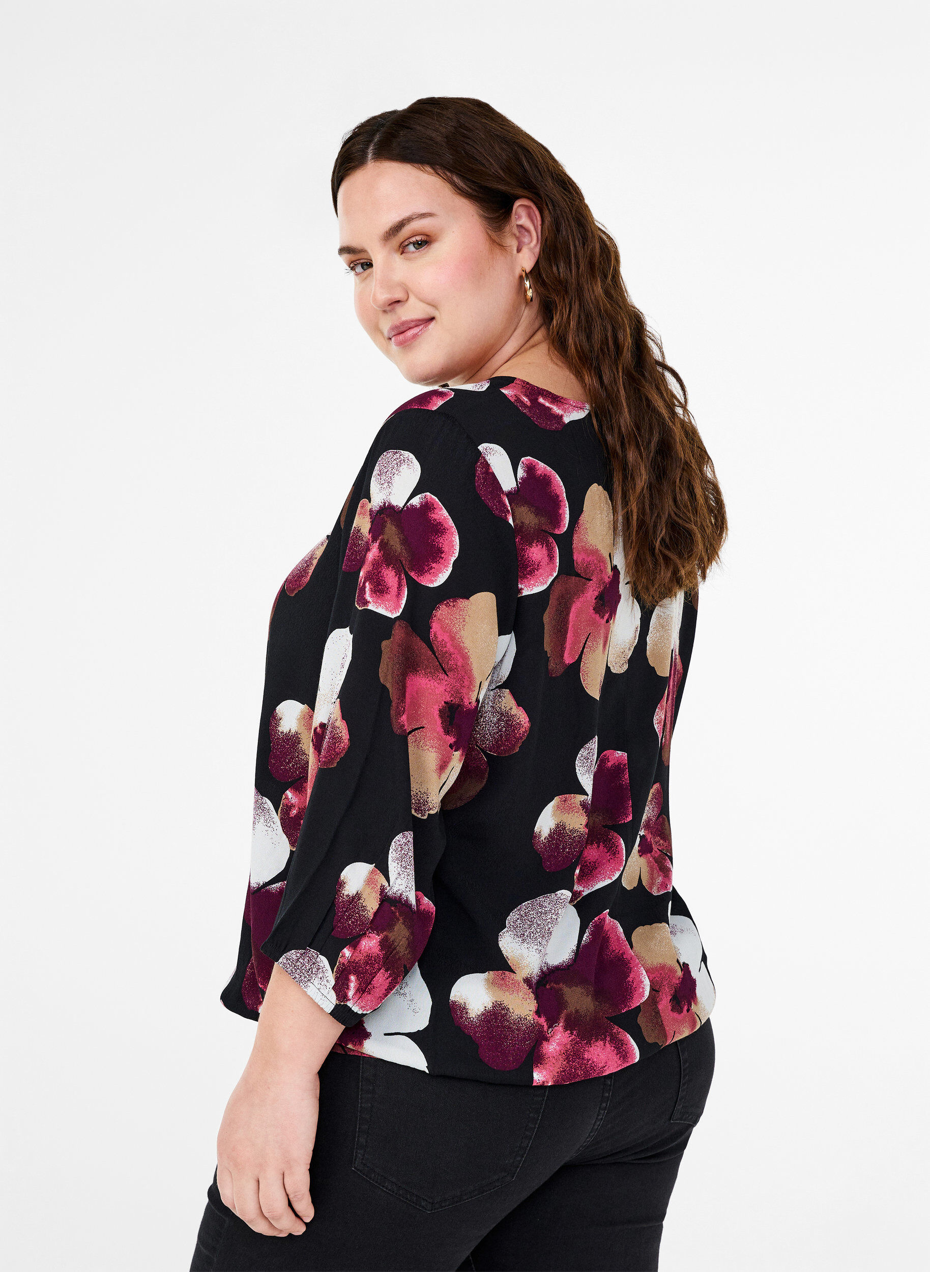 Zizzifashion Viscose blouse with print and smock, Black, Model image number 2