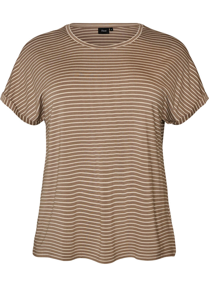 Striped T-shirt in viscose with a round neck, Beige, Packshot image number 0