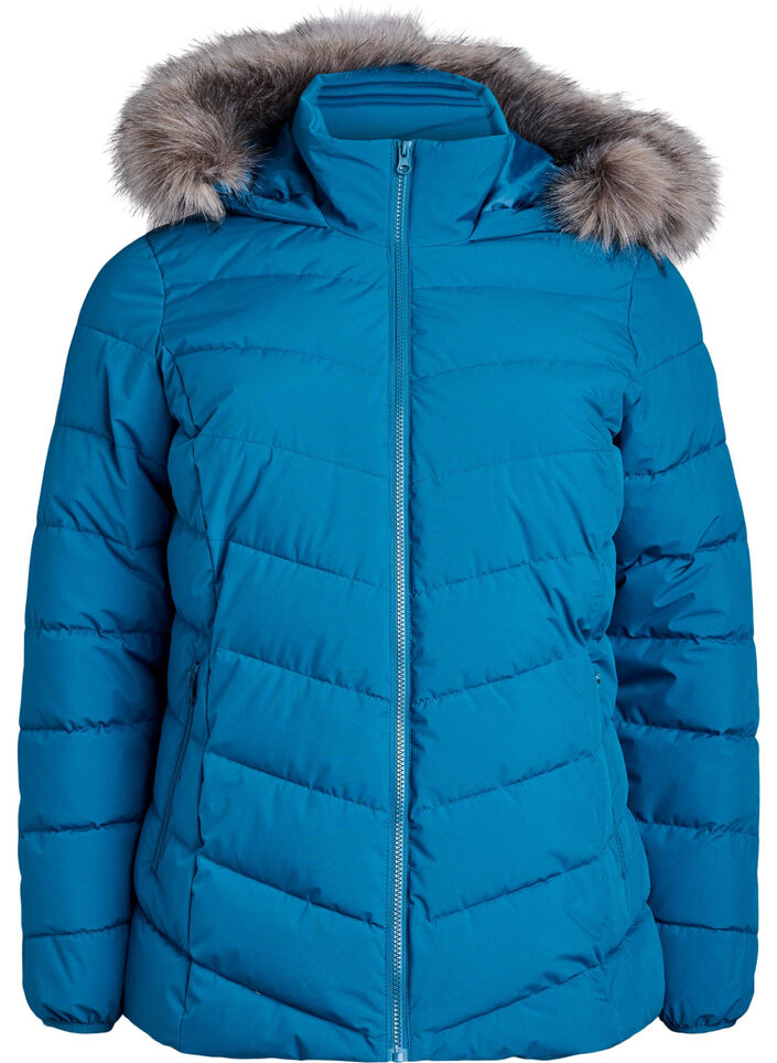 Short puffer jacket with hood, Petrol, Packshot image number 0