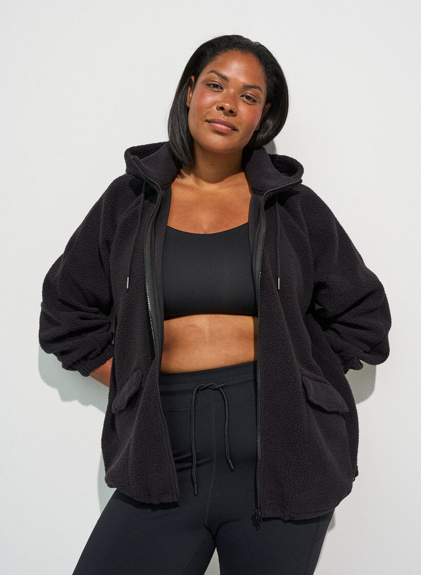 Teddy jacket with a hood and zipper, Black, Model image number 0