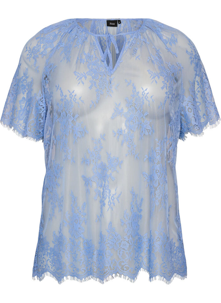 Short-sleeved lace blouse with tie-fastening, Purple, Packshot image number 0