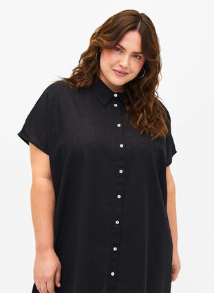 Long shirt in cotton blend with linen, Black, Model image number 2