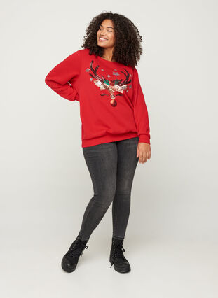 Christmas sweatshirt with sequins, Tango Red, Model image number 3