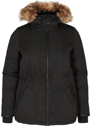 Short winter coat with a hood and faux fur trim, Black, Packshot image number 0