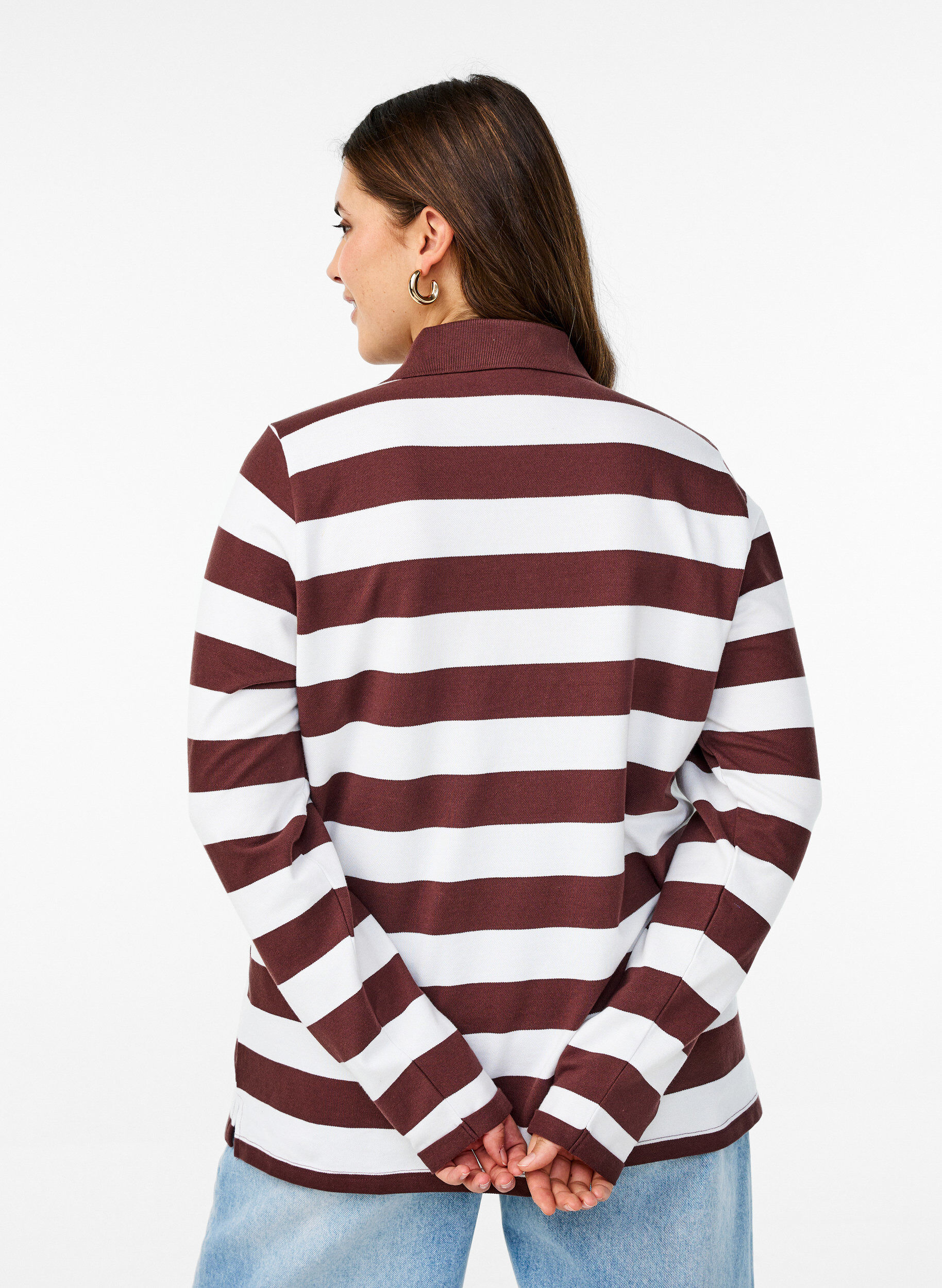 Zizzifashion Striped polo shirt with long sleeves, Dark Bordeaux, Model image number 2