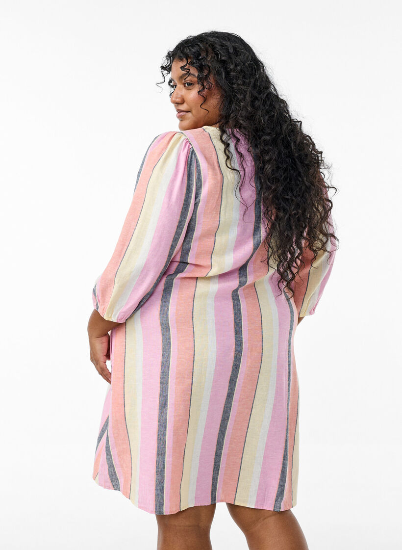 Short dress in linen and viscose with 3/4 sleeves, Yellow, Model image number 2