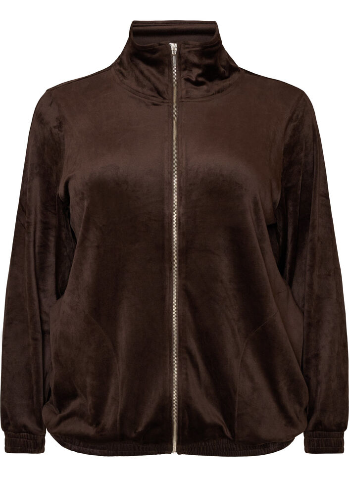Soft velour cardigan with a zipper and high collar, Brown, Packshot image number 0