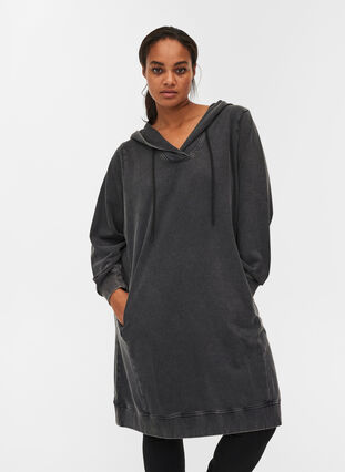 Loose, cotton hoodie sweatshirt dress with pockets, DARK GREY WASHED, Model image number 0