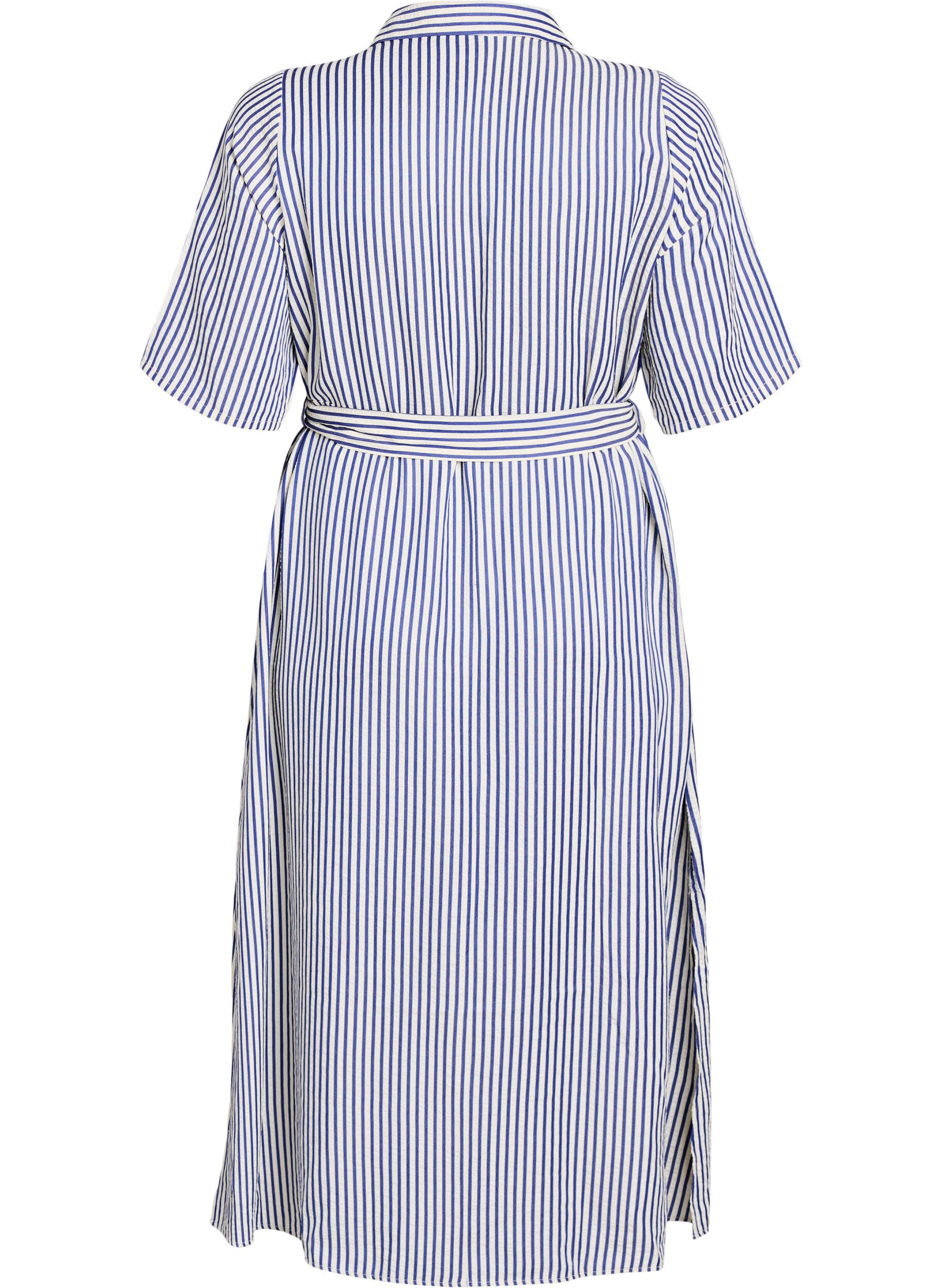 Zizzifashion Ankle-length shirt dress with tie belt and stripes, Blue, Packshot image number 1