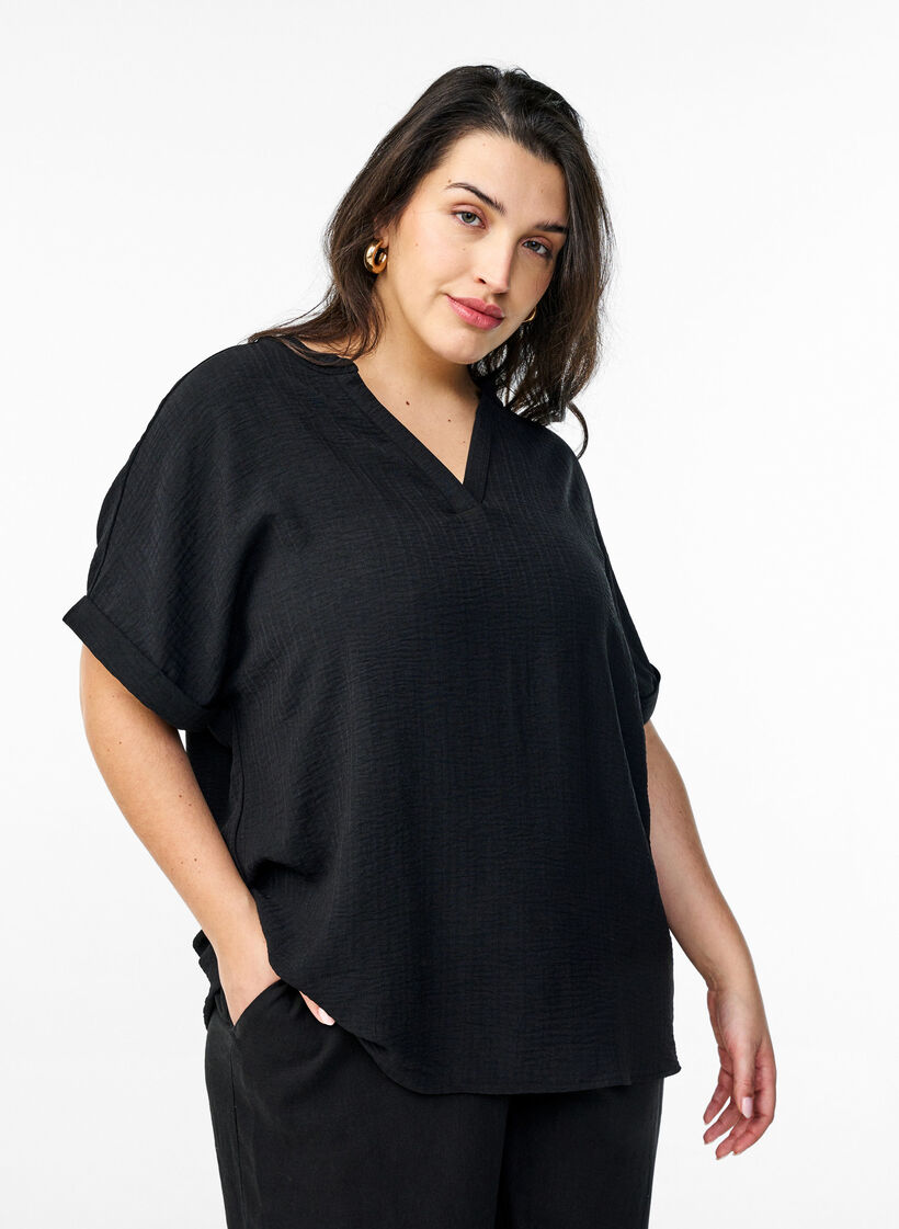 Loose blouse with short sleeves, Black, Model image number 0