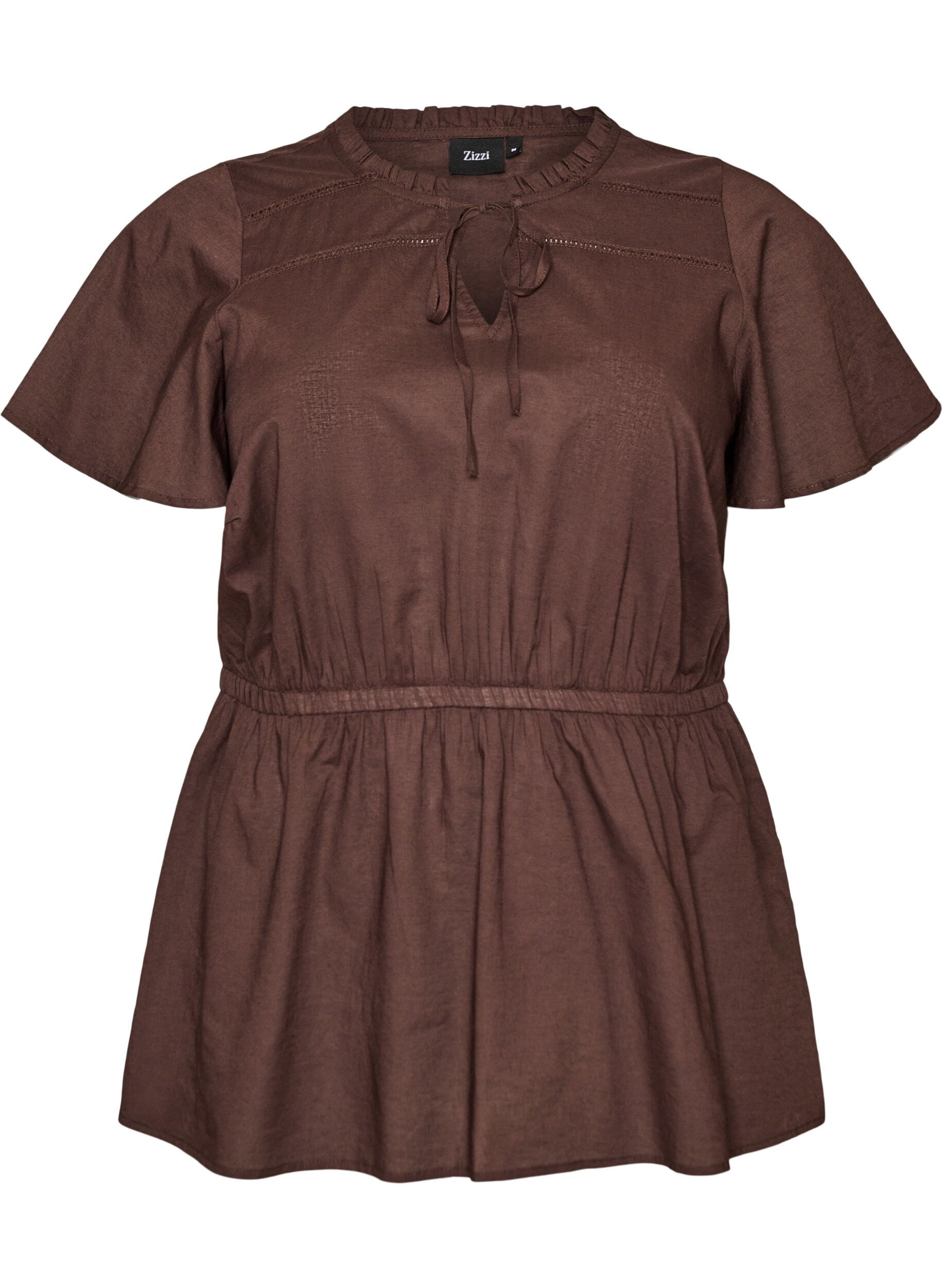 Zizzifashion Cotton blouse with tie-string and elastic waist, Brown, Packshot image number 0
