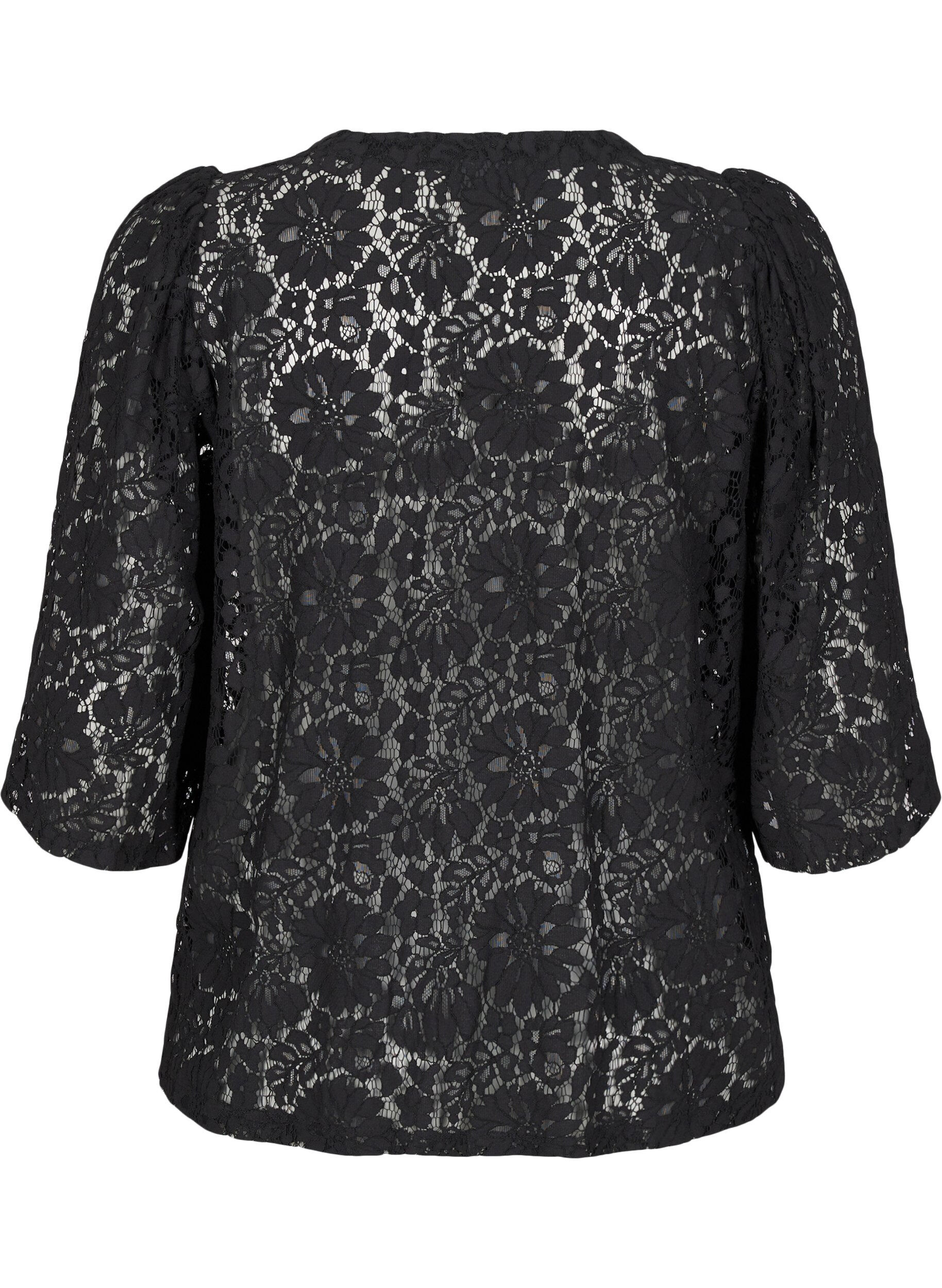 Zizzifashion Lace blouse with 3/4 sleeves and bows on the front, Black, Packshot image number 1