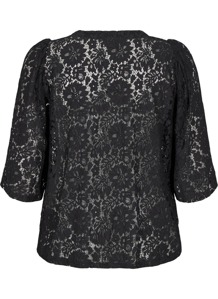 Lace blouse with 3/4 sleeves and bows on the front, Black, Packshot image number 1