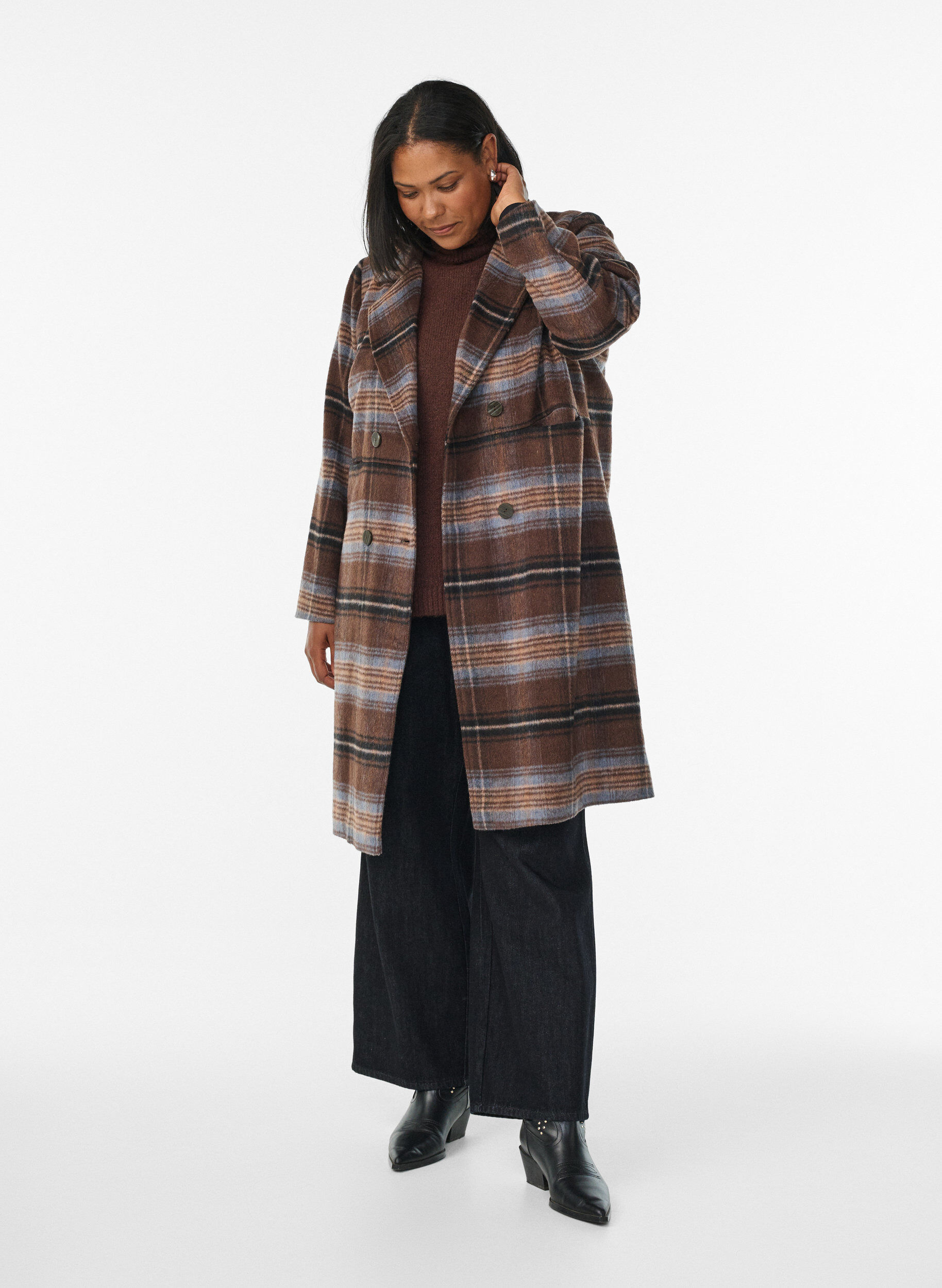Zizzifashion Brushed checked coat, Brown, Model image number 1