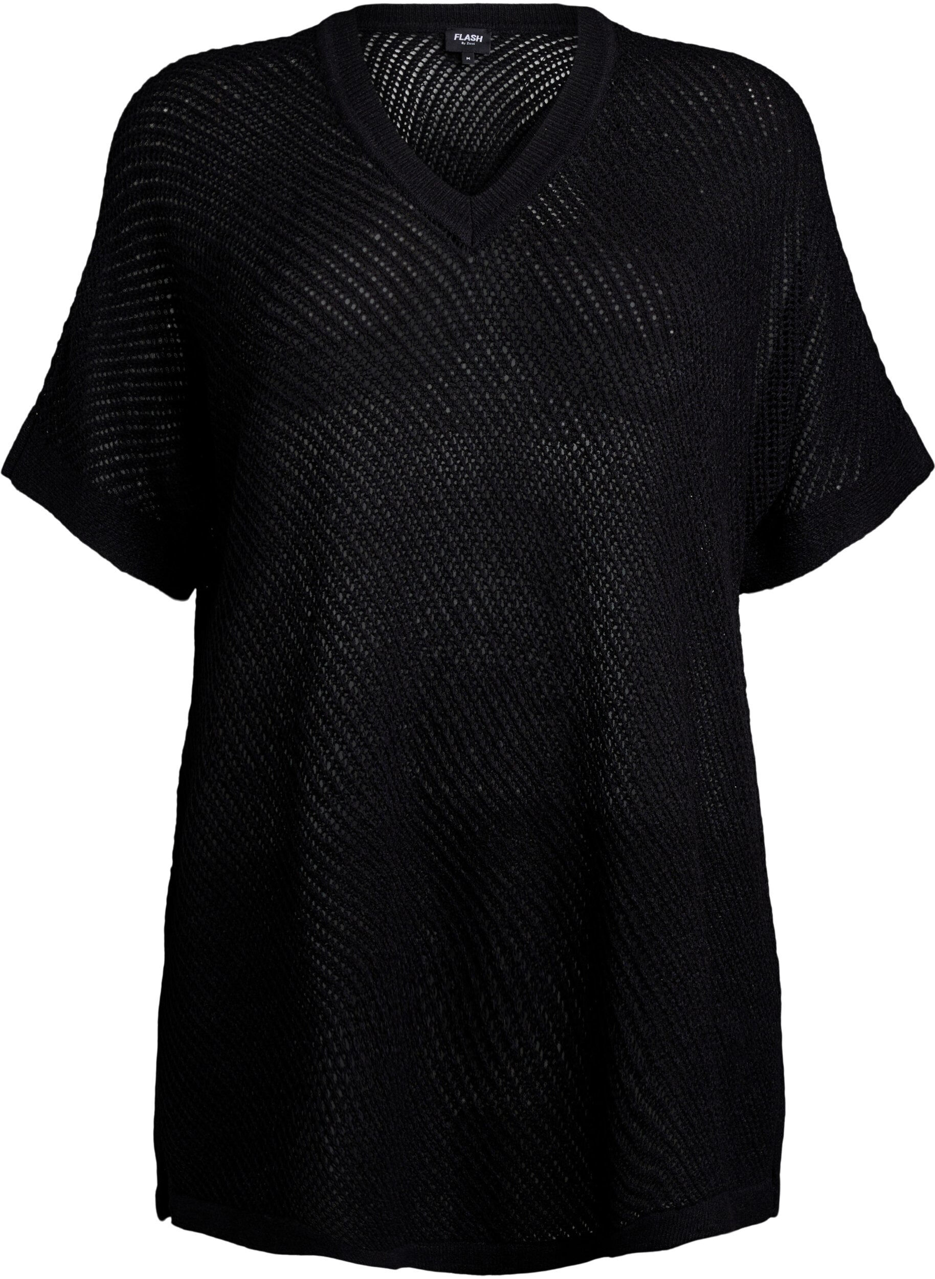 Zizzifashion FLASH - Short-sleeved knitted blouse with v-neck, Black, Packshot image number 0