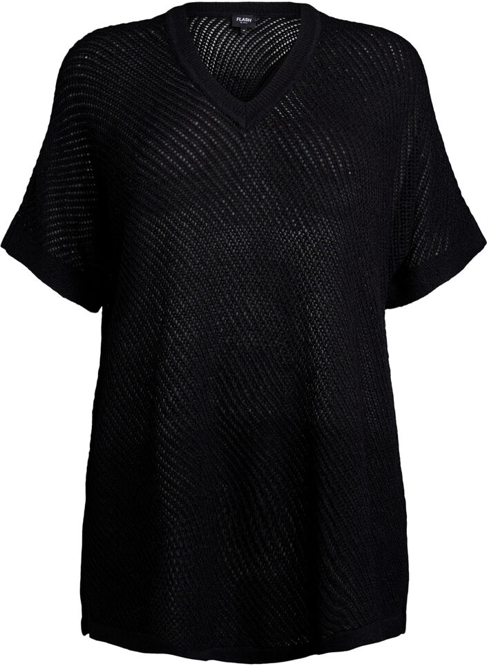 FLASH - Short-sleeved knitted blouse with v-neck, Black, Packshot image number 0