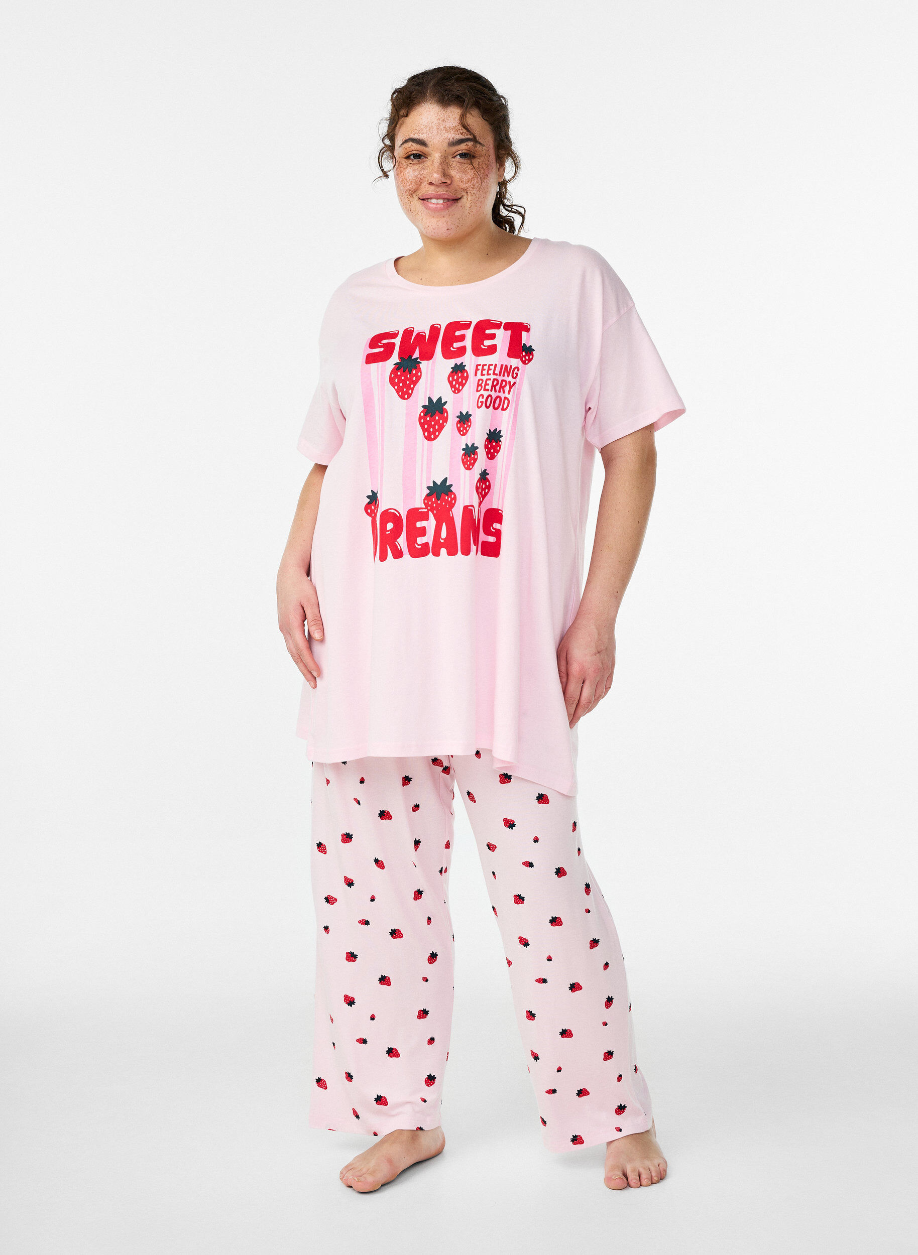 Zizzifashion Pyjama trousers in soft jersey with high waist and fruit print, Rose, Model image number 0
