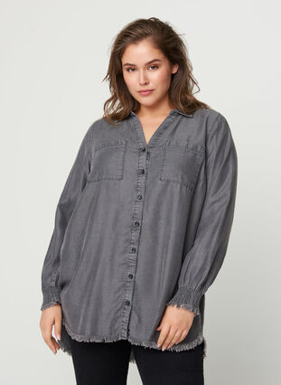 Long-sleeved lyocell shirt, Grey Denim, Model image number 0