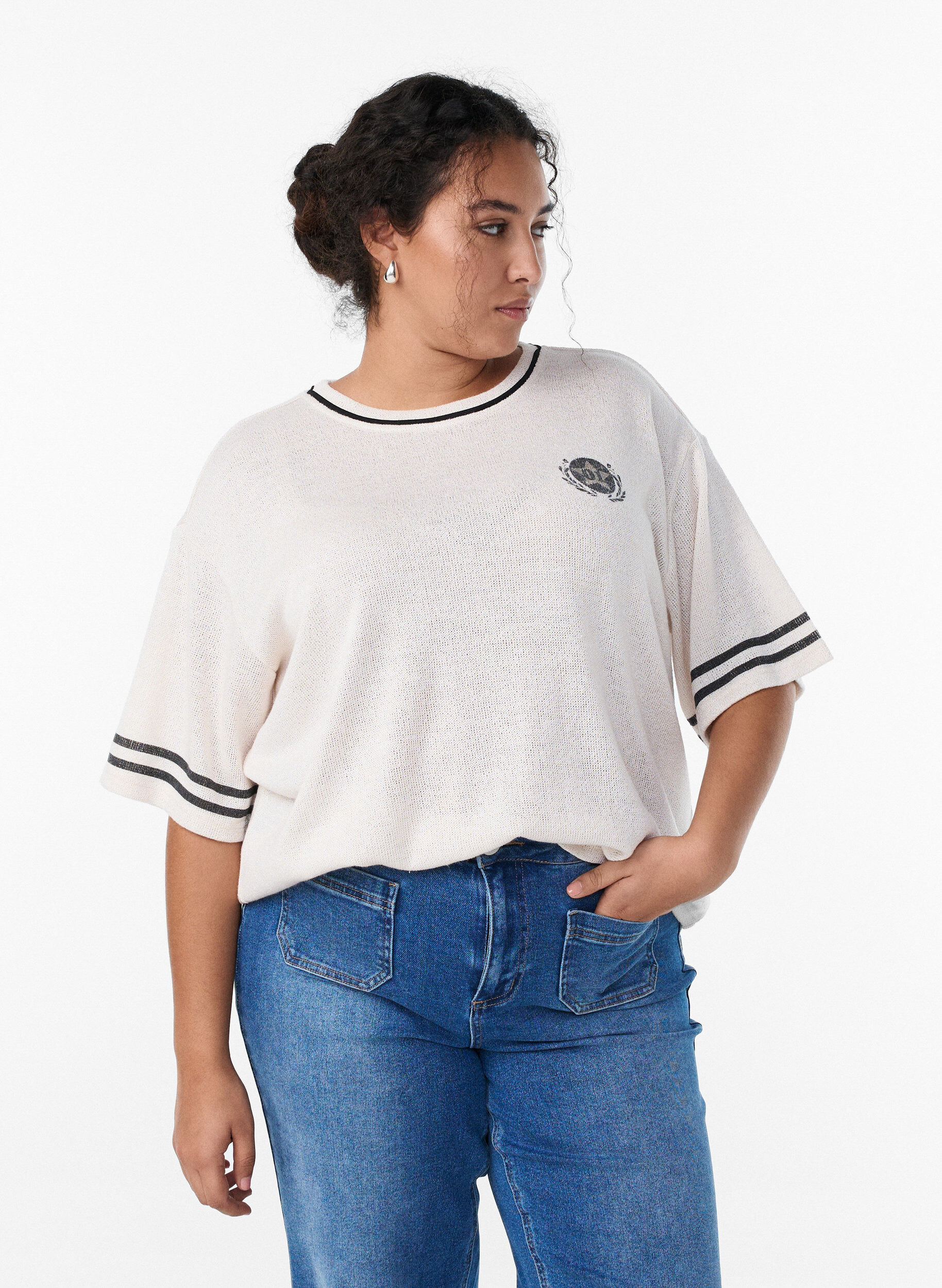 Short-sleeved blouse with contrast stripes, Beige, Model