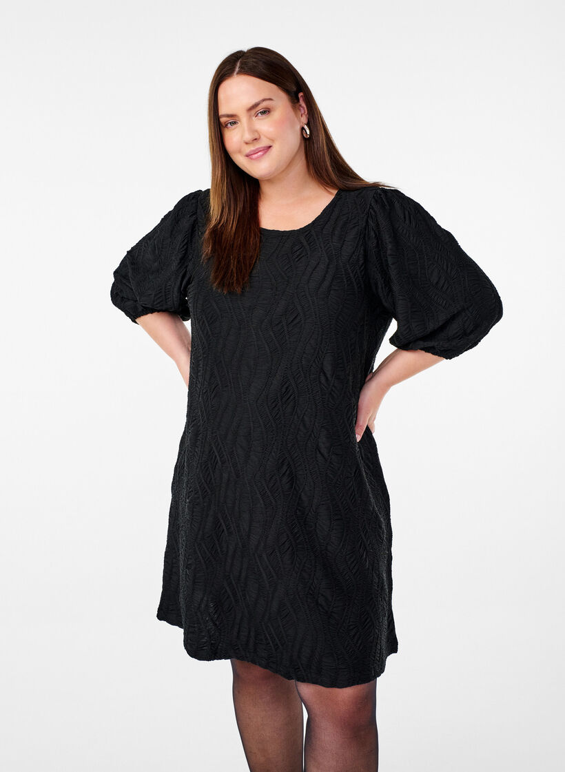 Short dress with texture and 3/4 sleeves, Black, Model image number 0