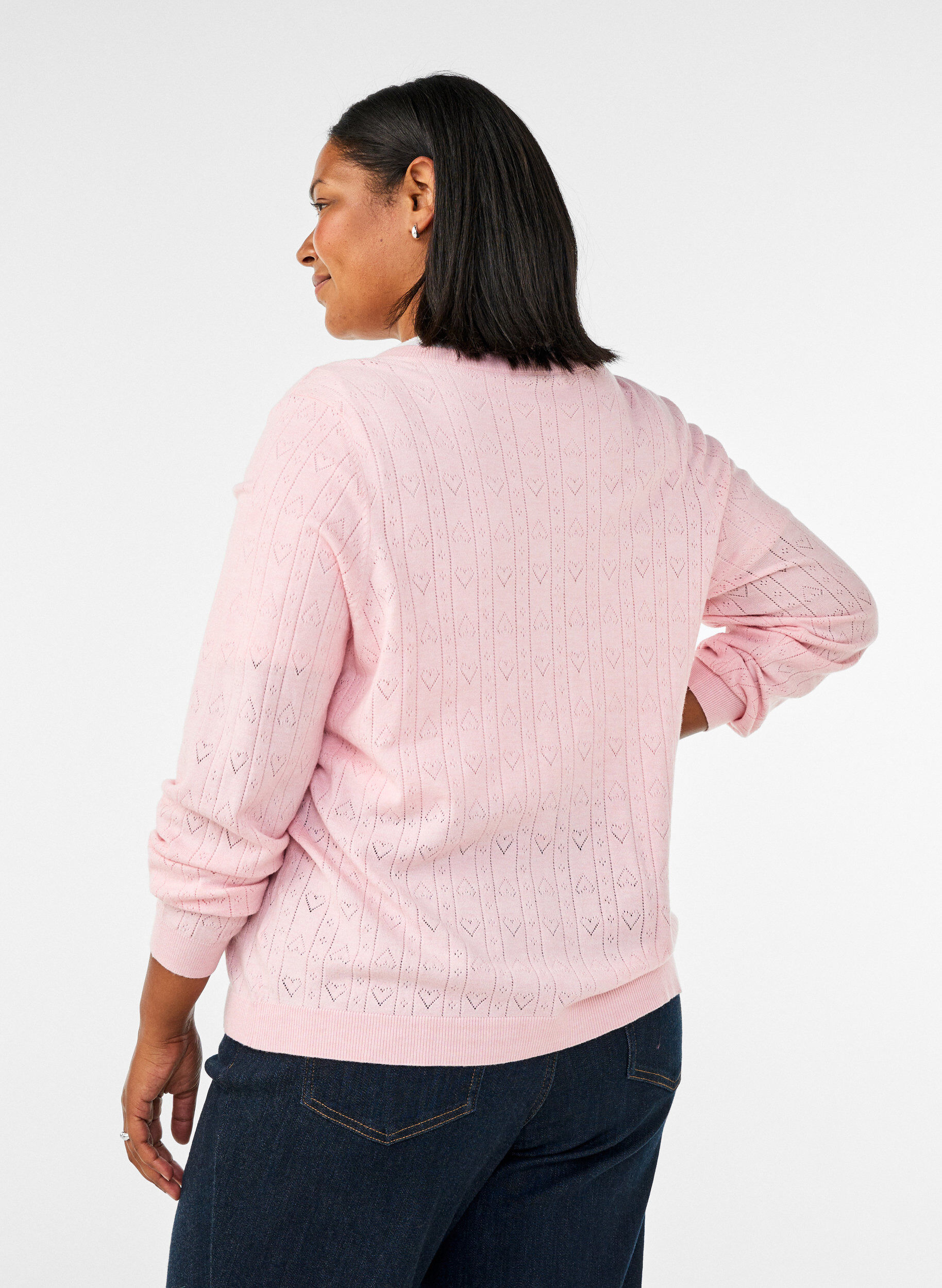 ZizzifashionKnitted cardigan with heart eyelet embroidery, Pink, Model image number 2