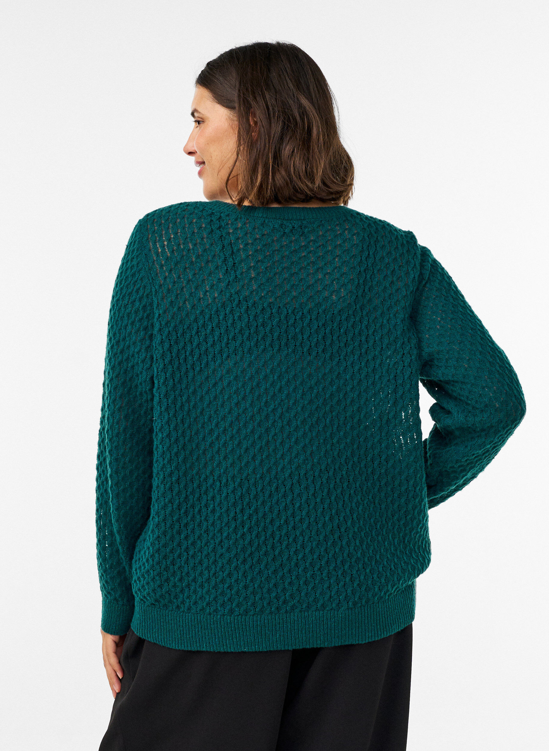 ZizzifashionKnitted blouse with a textured openwork pattern, Green, Model image number 2