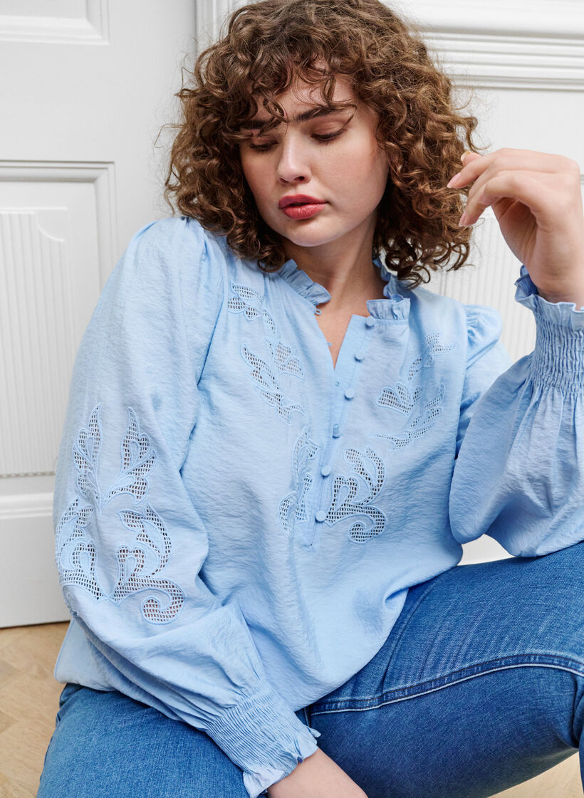 Blouse with ruffles and broderie anglaise, Chambray Blue, Image image number 0