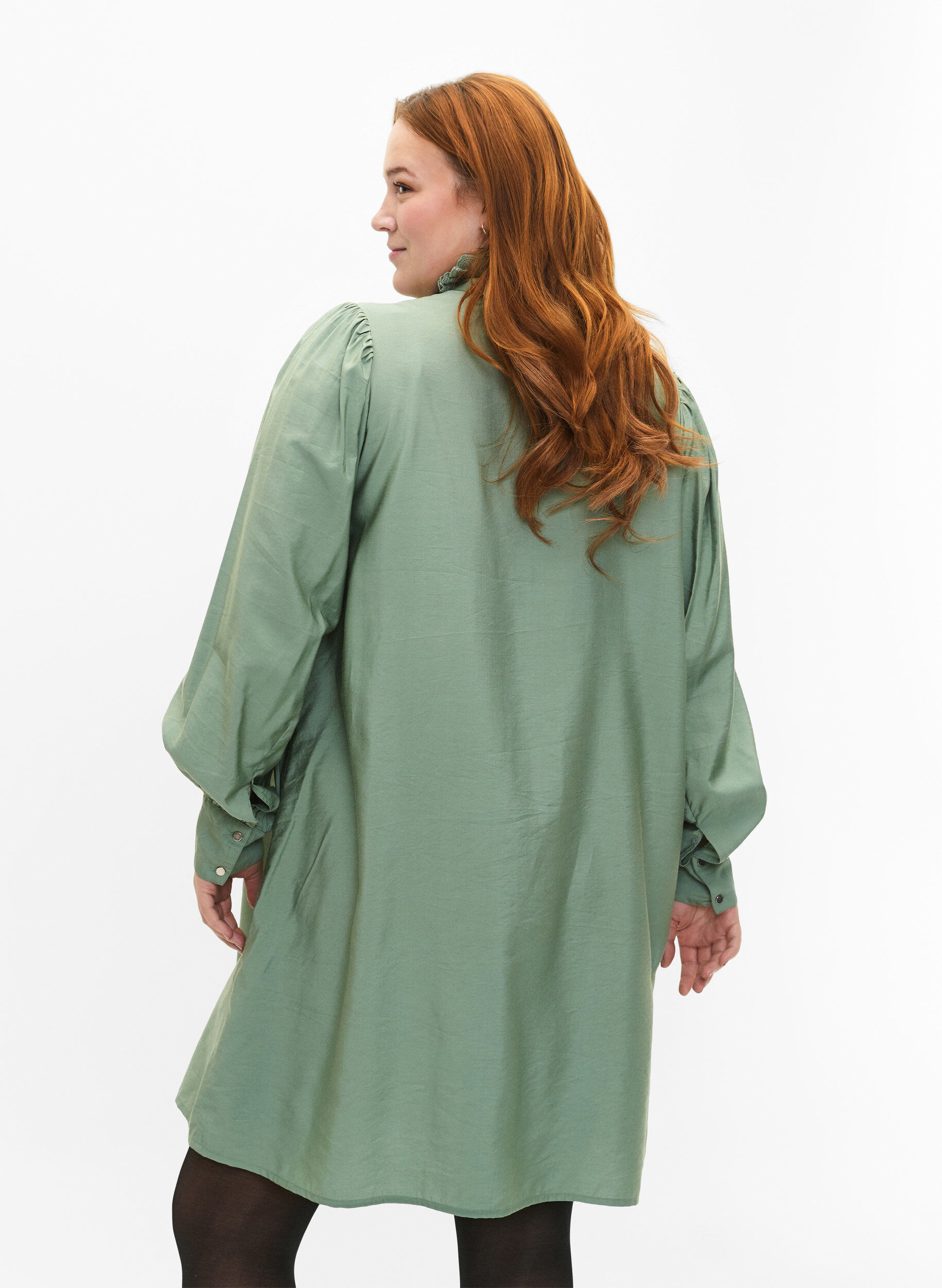 Zizzifashion Viscose shirt dress with ruffles, Green, Model image number 2