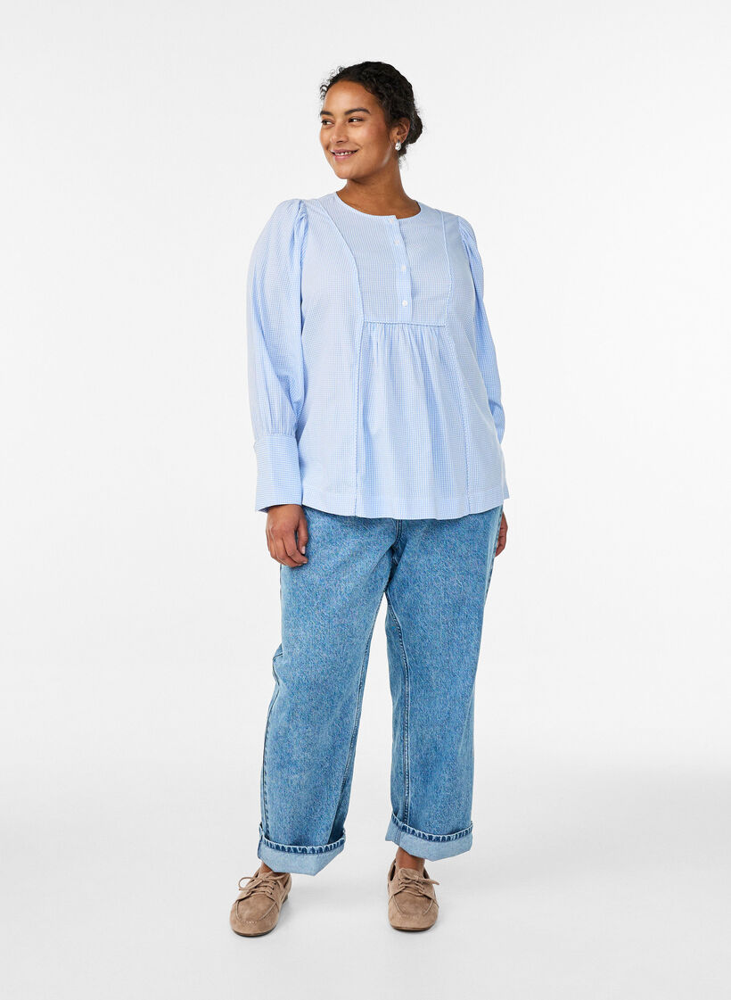 A-line check blouse, Blue, Model image number 1