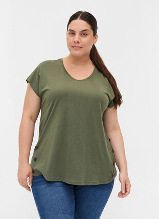 Cotton t-shirt with buttons, Thyme, Model image number 0