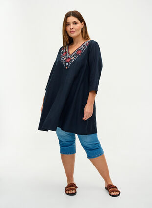 Viscose tunic with 3/4 length sleeves and embroidery, Navy Blazer, Model image number 2