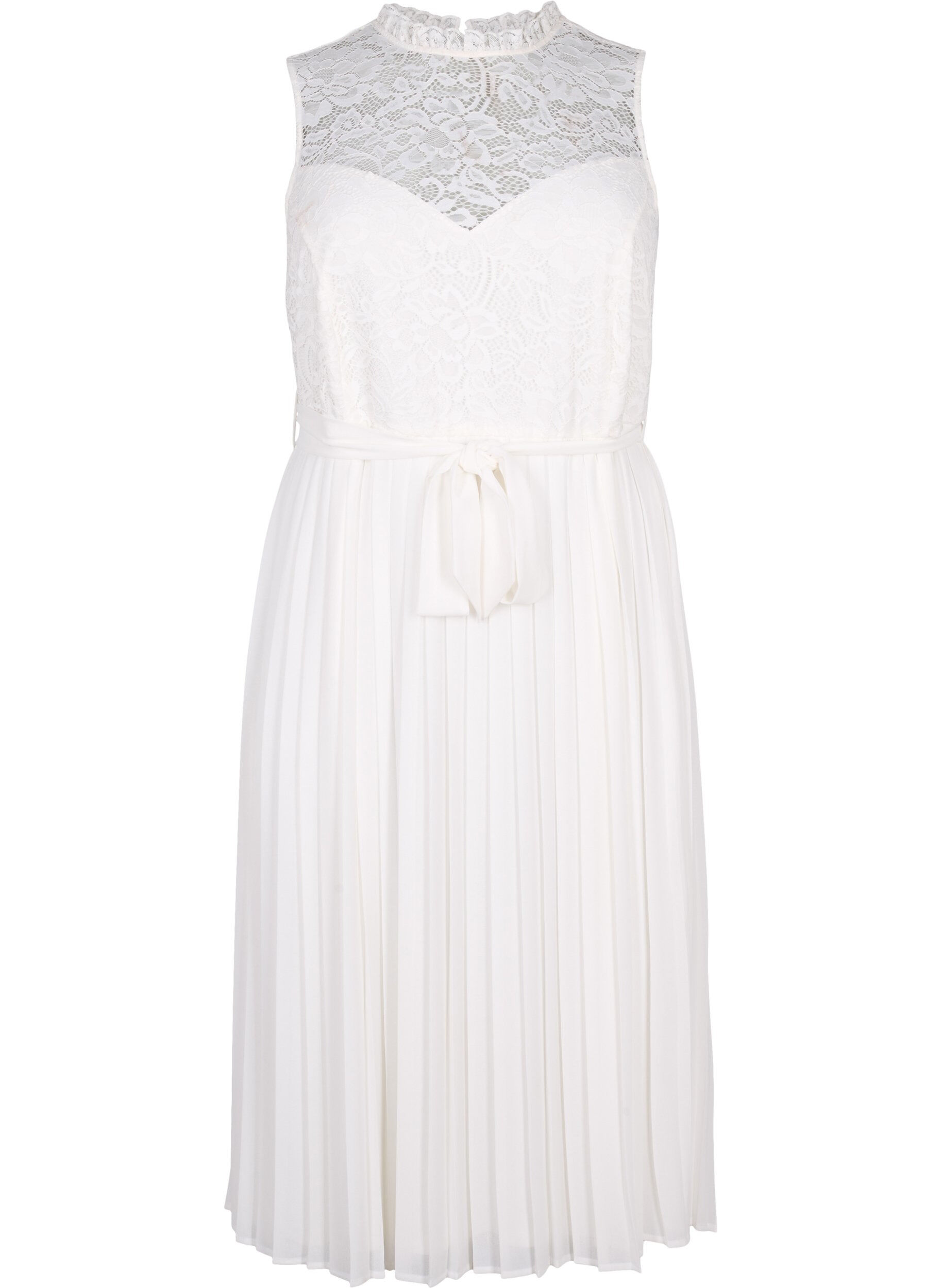 Zizzifashion Sleeveless dress with lace and pleats, Bright White, Packshot image number 0